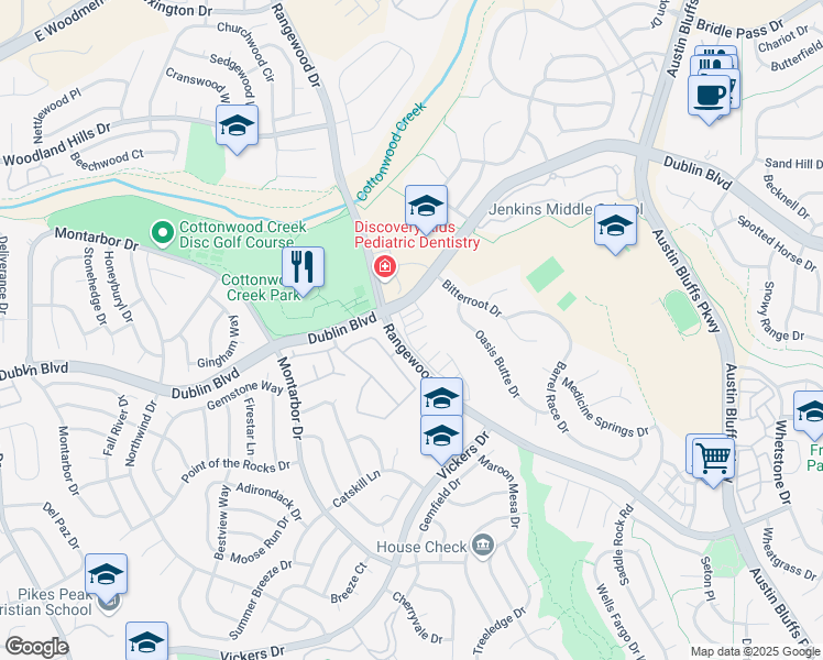 map of restaurants, bars, coffee shops, grocery stores, and more near 6565 Baytree Grove in Colorado Springs