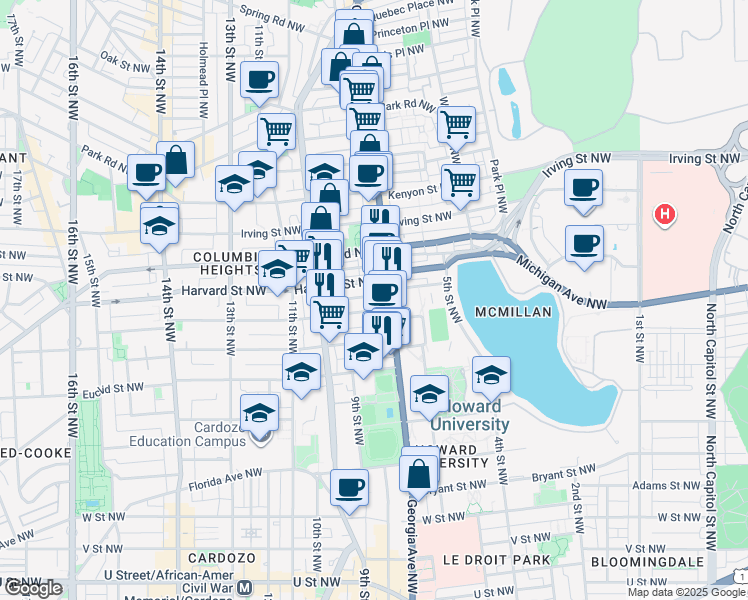 map of restaurants, bars, coffee shops, grocery stores, and more near 722 Gresham Place Northwest in Washington