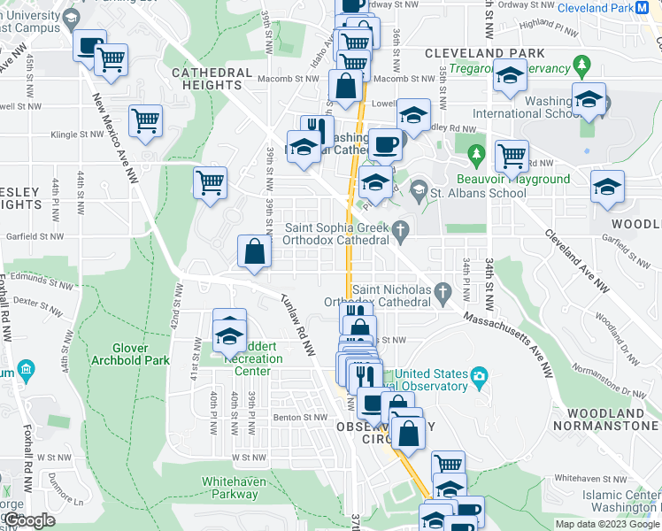 map of restaurants, bars, coffee shops, grocery stores, and more near 3715 Fulton Street Northwest in Washington