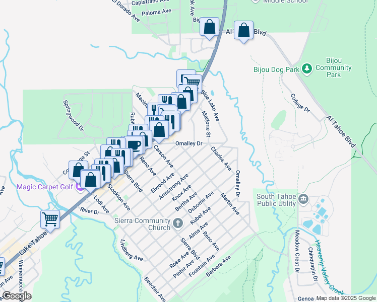 map of restaurants, bars, coffee shops, grocery stores, and more near 2674 William Avenue in South Lake Tahoe