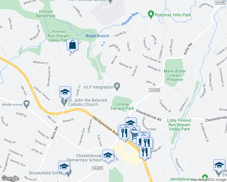 map of restaurants, bars, coffee shops, grocery stores, and more near 6303 Walden Woods Court in McLean