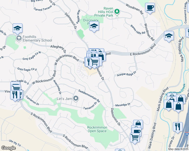 map of restaurants, bars, coffee shops, grocery stores, and more near 6580 Delmonico Drive in Colorado Springs
