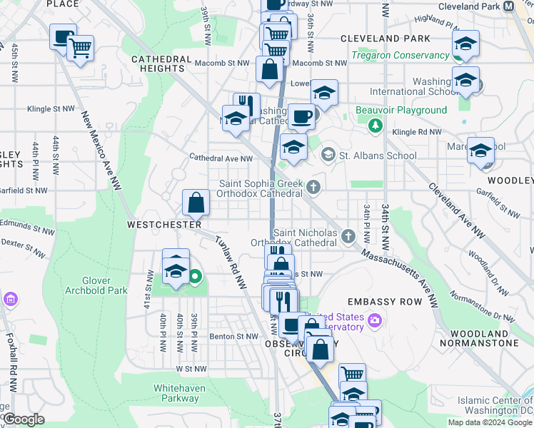 map of restaurants, bars, coffee shops, grocery stores, and more near 2800 Wisconsin Avenue Northwest in Washington
