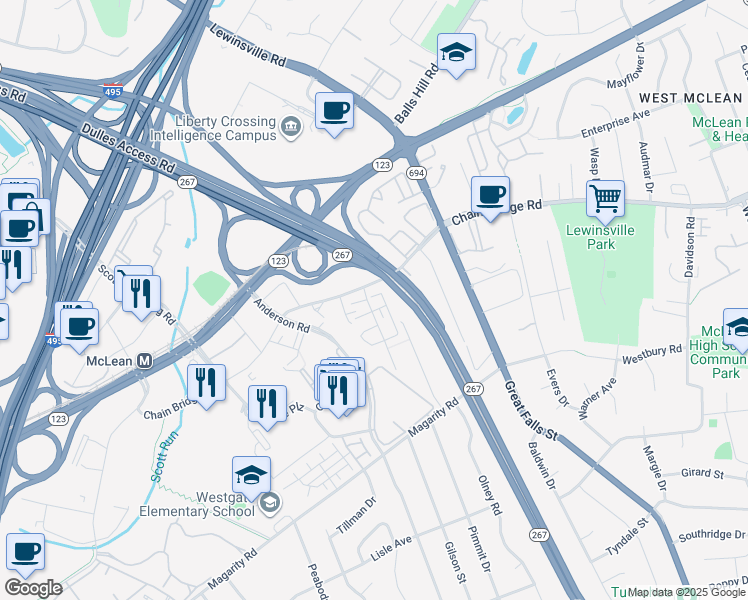 map of restaurants, bars, coffee shops, grocery stores, and more near 1602 Colonial Hills Drive in McLean