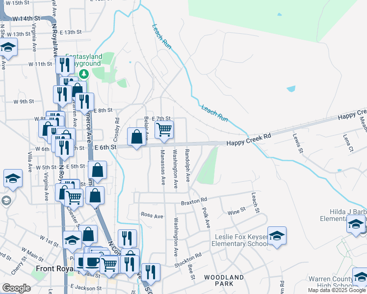 map of restaurants, bars, coffee shops, grocery stores, and more near 721 East 6th Street in Front Royal