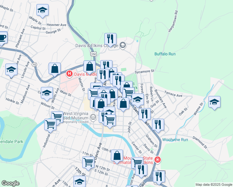 map of restaurants, bars, coffee shops, grocery stores, and more near 203 4th Street in Elkins