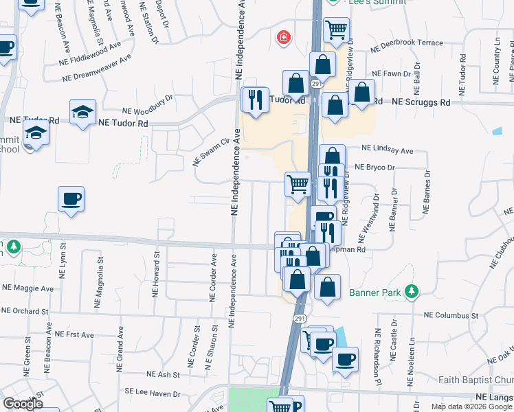map of restaurants, bars, coffee shops, grocery stores, and more near 803 Northeast Coronado Avenue in Lee's Summit