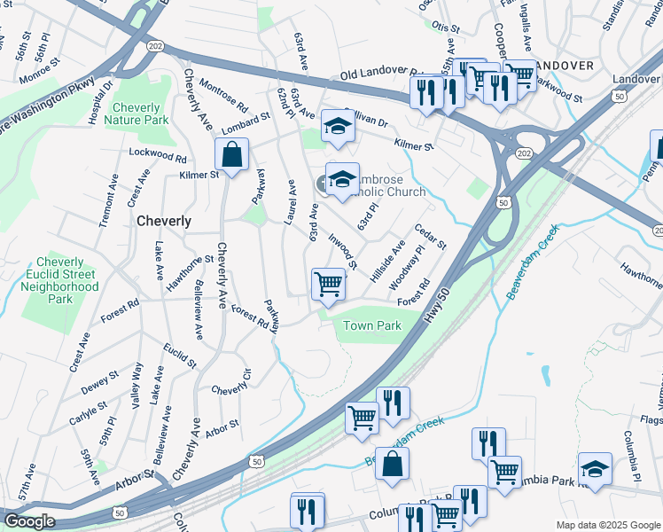 map of restaurants, bars, coffee shops, grocery stores, and more near 2817 63rd Place in Cheverly
