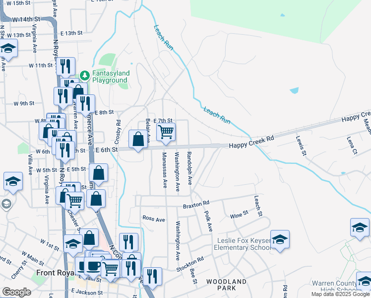 map of restaurants, bars, coffee shops, grocery stores, and more near 721 East 6th Street in Front Royal