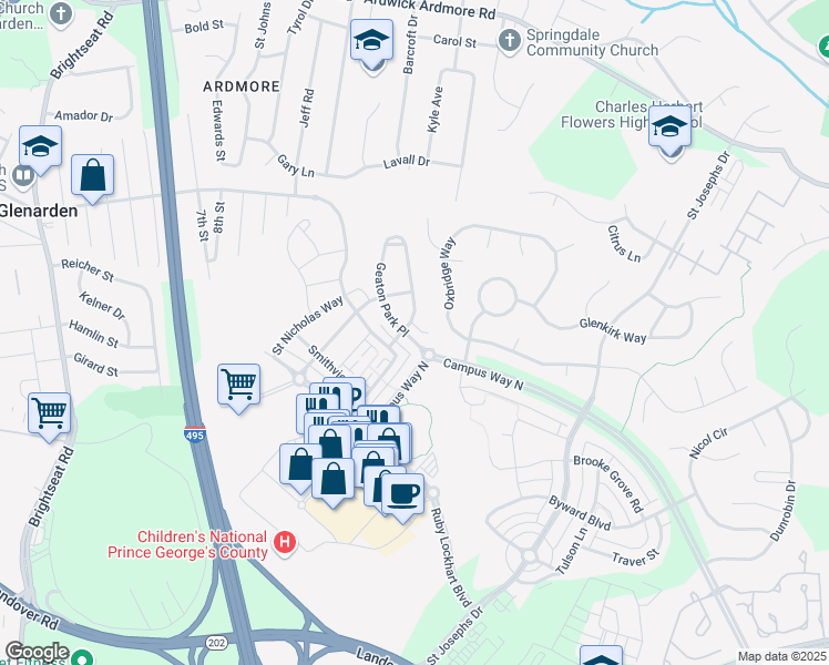 map of restaurants, bars, coffee shops, grocery stores, and more near 9404 Geaton Park Place in Lanham