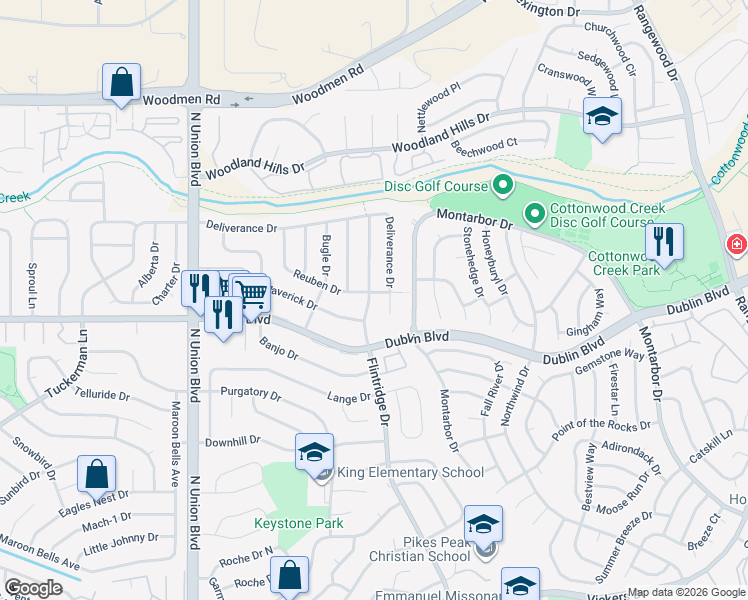 map of restaurants, bars, coffee shops, grocery stores, and more near 6585 Flintridge Drive in Colorado Springs