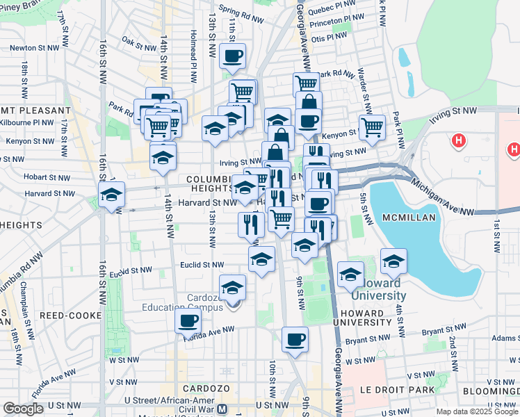 map of restaurants, bars, coffee shops, grocery stores, and more near 2825 11th Street Northwest in Washington