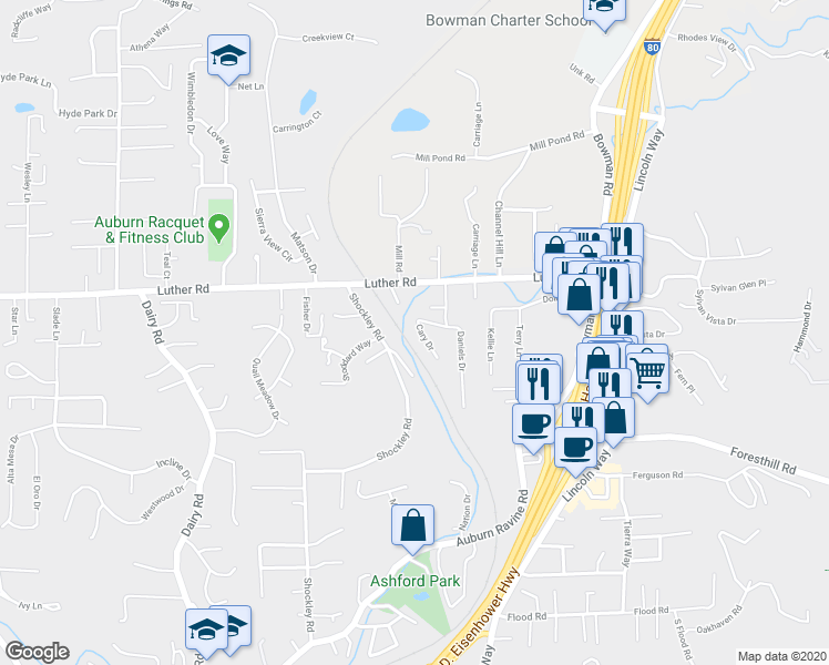 map of restaurants, bars, coffee shops, grocery stores, and more near 146 Cary Drive in Auburn