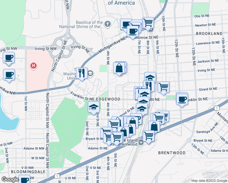 map of restaurants, bars, coffee shops, grocery stores, and more near 2828 Chancellor's Way Northeast in Washington