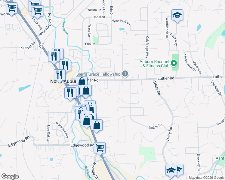 map of restaurants, bars, coffee shops, grocery stores, and more near 1240 Taylor Lane in Auburn