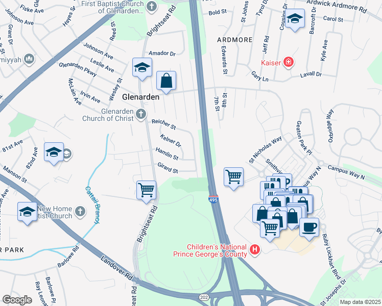 map of restaurants, bars, coffee shops, grocery stores, and more near 8625 Reicher Street in Prince George's County