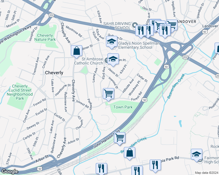 map of restaurants, bars, coffee shops, grocery stores, and more near 2817 63rd Place in Cheverly