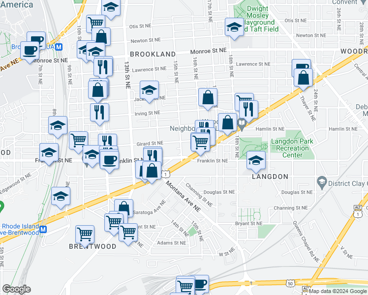 map of restaurants, bars, coffee shops, grocery stores, and more near 2815 15th Street Northeast in Washington