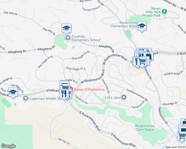 map of restaurants, bars, coffee shops, grocery stores, and more near 685 Grey Eagle Circle South in Colorado Springs