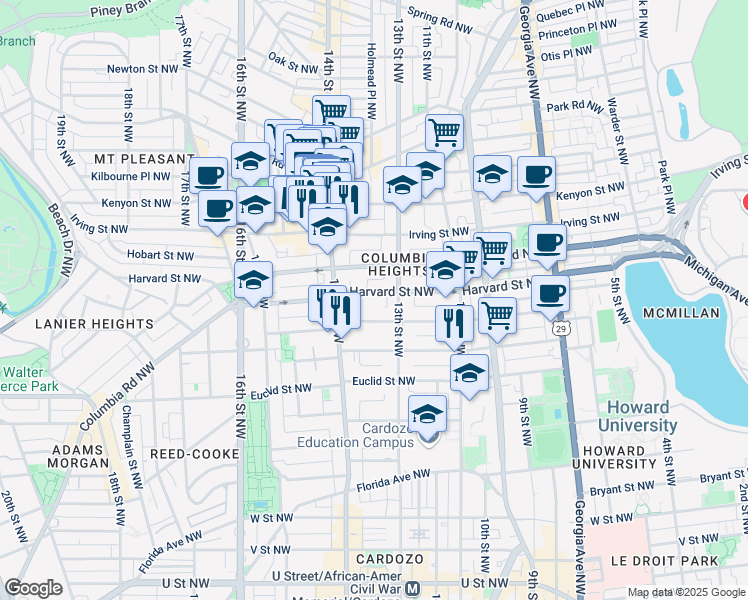map of restaurants, bars, coffee shops, grocery stores, and more near 1330 Harvard Street Northwest in Washington