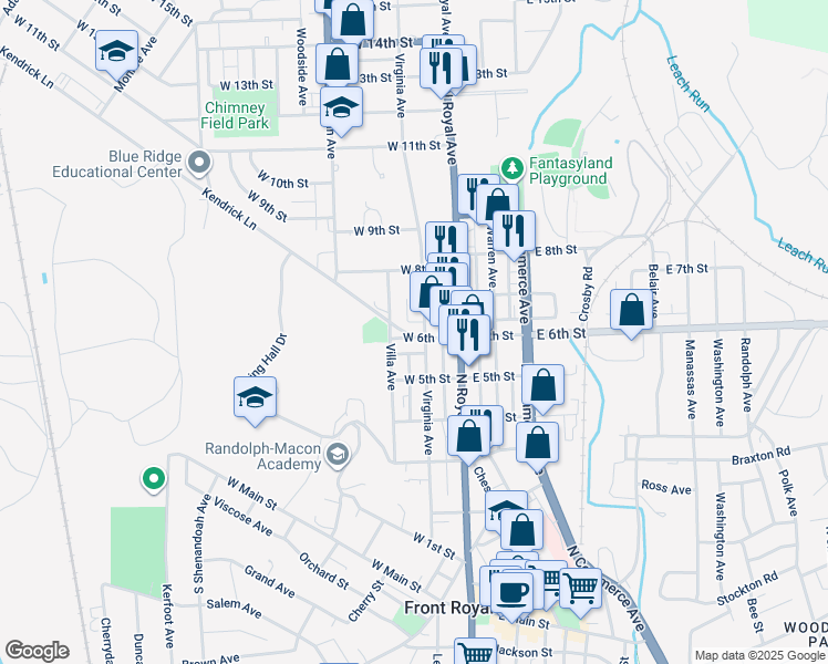 map of restaurants, bars, coffee shops, grocery stores, and more near 105 West 6th Street in Front Royal