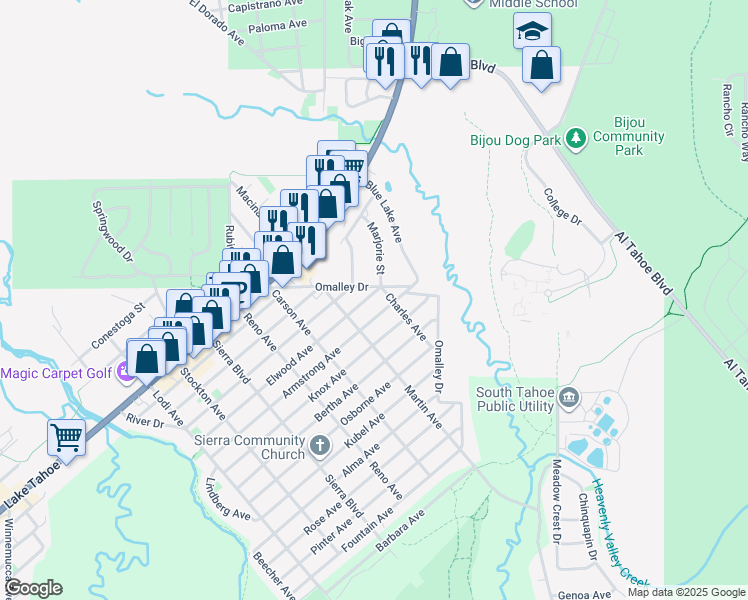 map of restaurants, bars, coffee shops, grocery stores, and more near 2700 Elwood Avenue in South Lake Tahoe