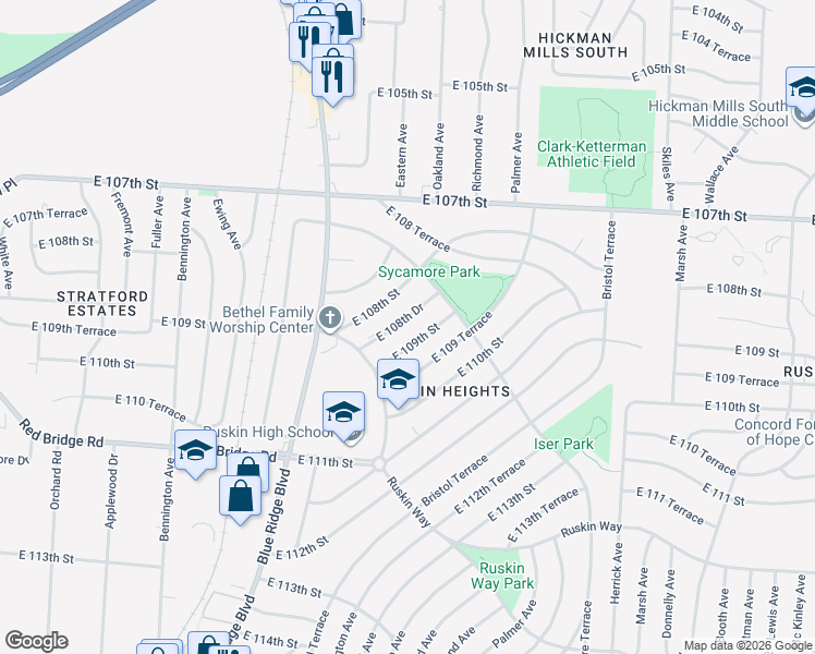 map of restaurants, bars, coffee shops, grocery stores, and more near 7305 East 108th Drive in Kansas City