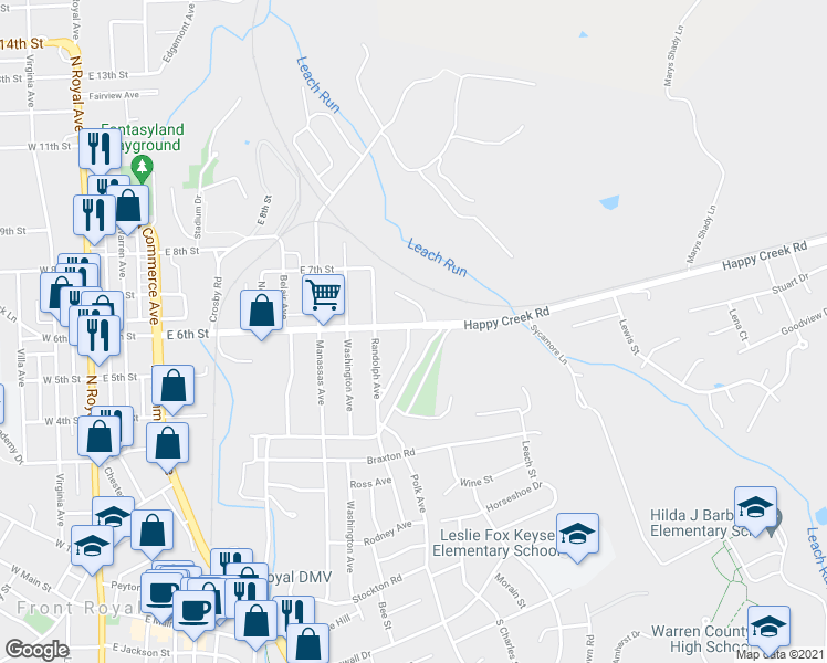 map of restaurants, bars, coffee shops, grocery stores, and more near 823 East 6th Street in Front Royal