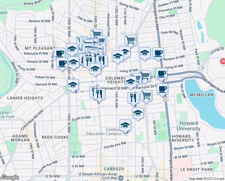 map of restaurants, bars, coffee shops, grocery stores, and more near 1316 Harvard Street Northwest in Washington
