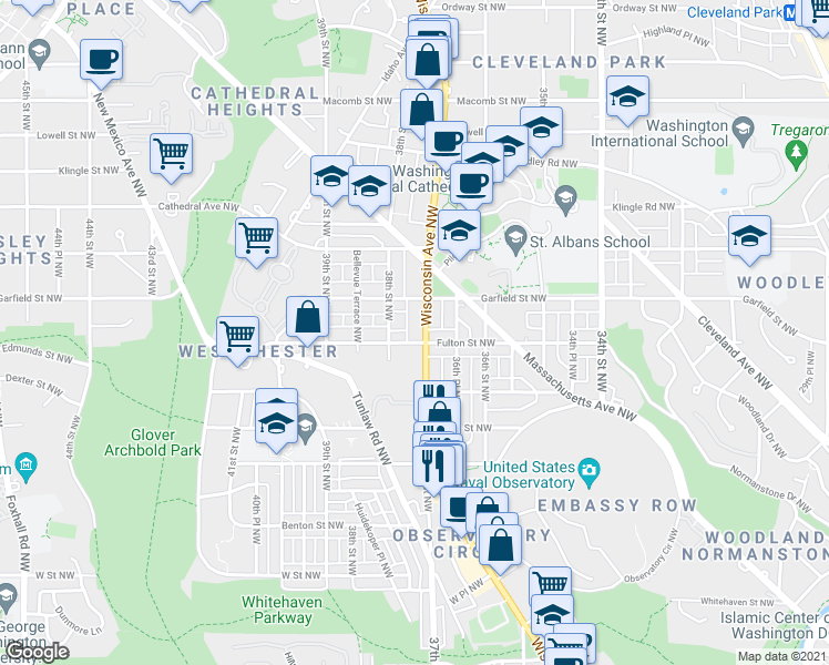 map of restaurants, bars, coffee shops, grocery stores, and more near 2800 Wisconsin Avenue Northwest in Washington