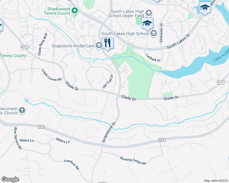 map of restaurants, bars, coffee shops, grocery stores, and more near 11550 Glade Drive in Reston
