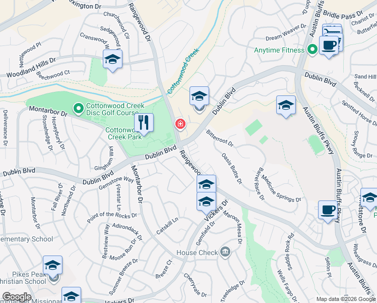 map of restaurants, bars, coffee shops, grocery stores, and more near 6565 Baytree Grove in Colorado Springs