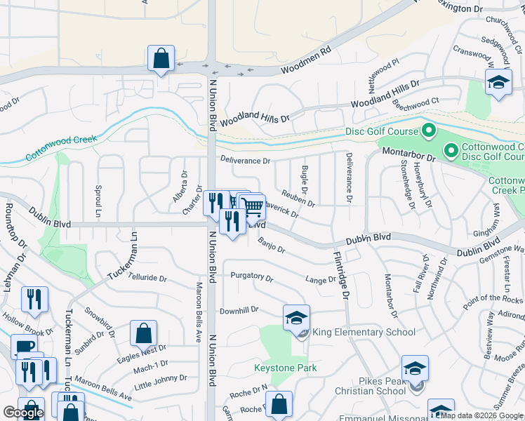 map of restaurants, bars, coffee shops, grocery stores, and more near 3013 Maverick Drive in Colorado Springs