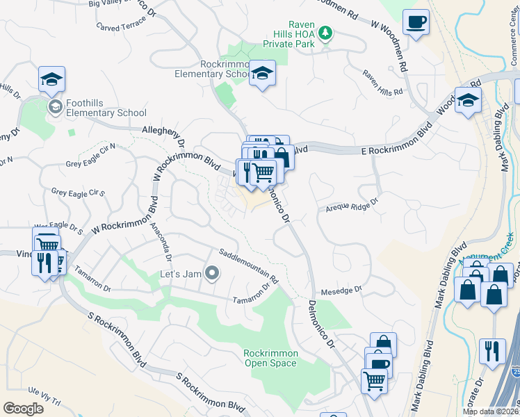 map of restaurants, bars, coffee shops, grocery stores, and more near 6580 Delmonico Drive in Colorado Springs