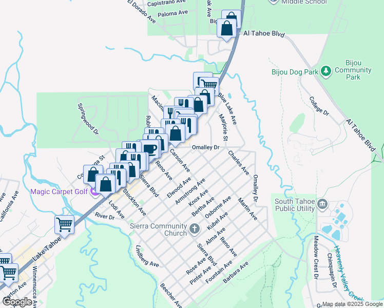 map of restaurants, bars, coffee shops, grocery stores, and more near 2645 Chris Avenue in South Lake Tahoe
