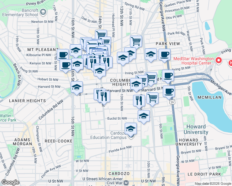 map of restaurants, bars, coffee shops, grocery stores, and more near 101 Independence Avenue Southeast in Washington