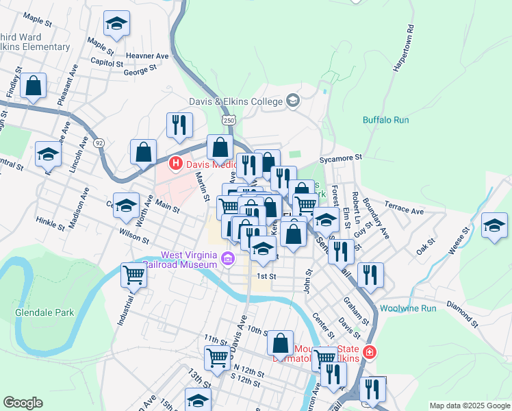 map of restaurants, bars, coffee shops, grocery stores, and more near 401-443 Davis Avenue in Elkins