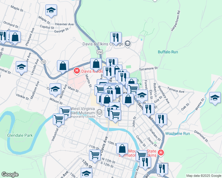 map of restaurants, bars, coffee shops, grocery stores, and more near 401-443 Davis Avenue in Elkins