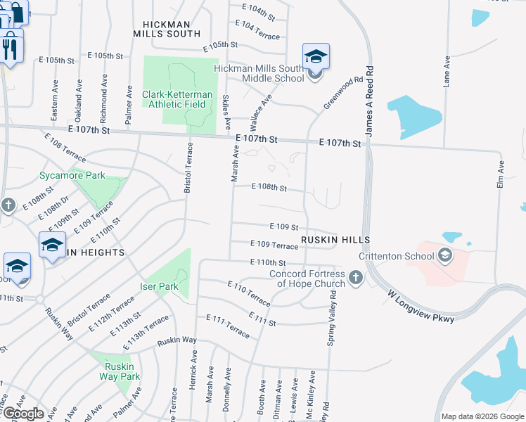 map of restaurants, bars, coffee shops, grocery stores, and more near 8511 East 108th Terrace in Kansas City