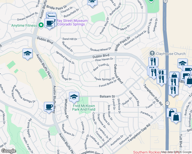 map of restaurants, bars, coffee shops, grocery stores, and more near 5108 Hawk Springs Drive in Colorado Springs