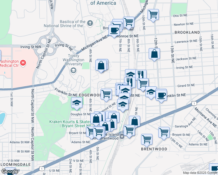 map of restaurants, bars, coffee shops, grocery stores, and more near 612 Girard Street Northeast in Washington