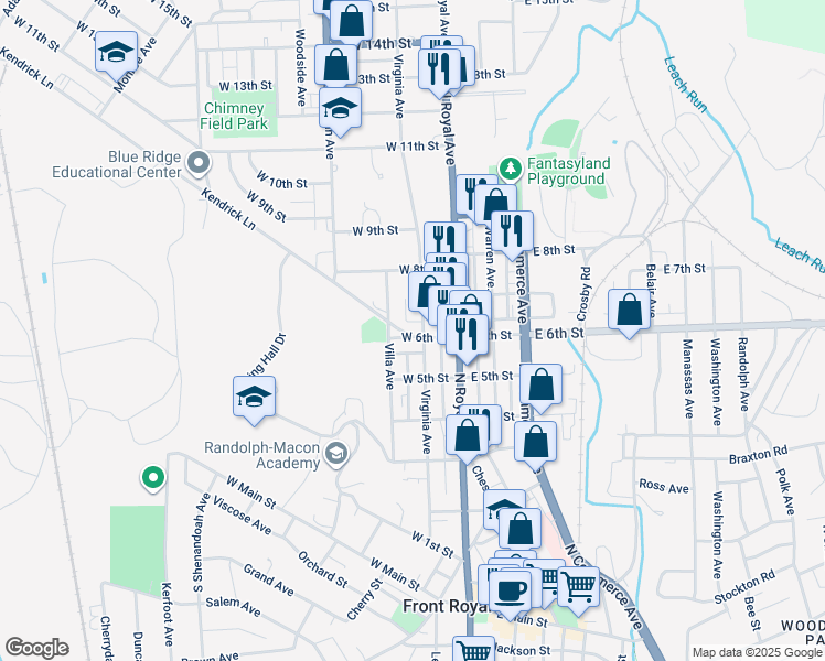 map of restaurants, bars, coffee shops, grocery stores, and more near 105 West 6th Street in Front Royal