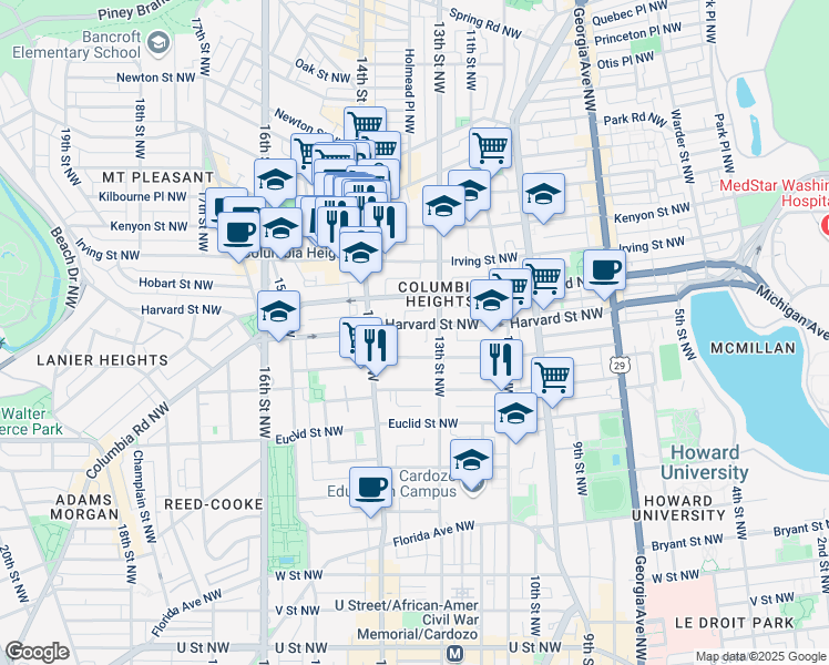 map of restaurants, bars, coffee shops, grocery stores, and more near 1330 Harvard Street Northwest in Washington