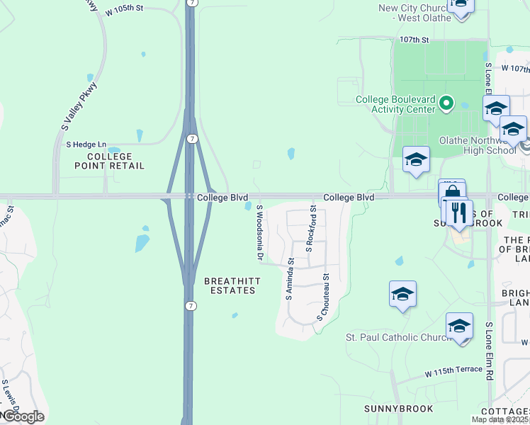 map of restaurants, bars, coffee shops, grocery stores, and more near 11133 South Woodsonia Drive in Olathe