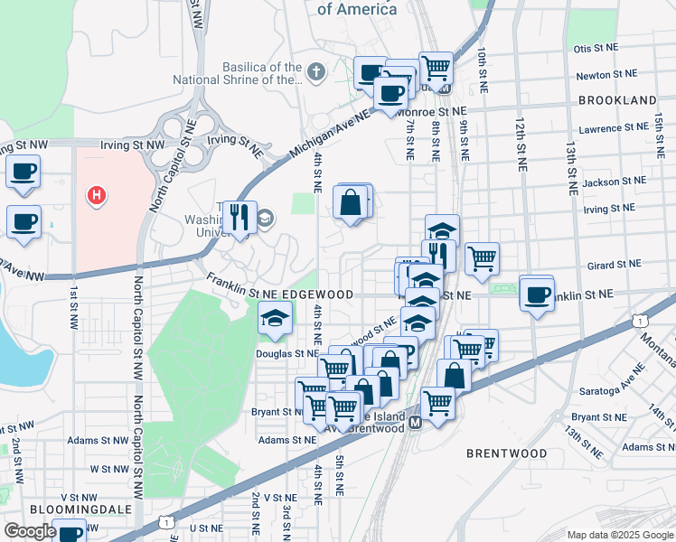map of restaurants, bars, coffee shops, grocery stores, and more near 2824 Chancellor's Way Northeast in Washington