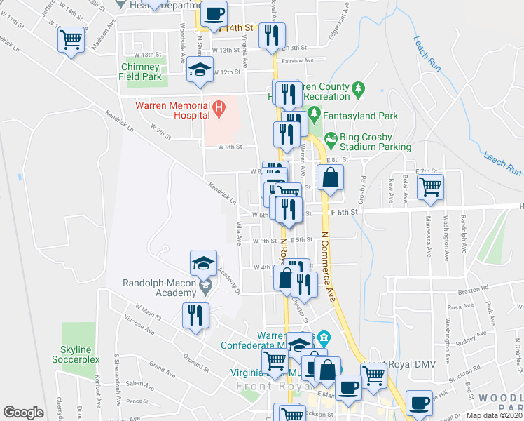 map of restaurants, bars, coffee shops, grocery stores, and more near 601 Virginia Avenue in Front Royal