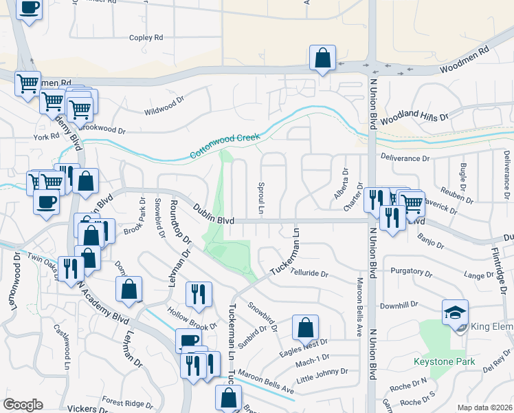 map of restaurants, bars, coffee shops, grocery stores, and more near 6534 Sproul Ln in Colorado Springs