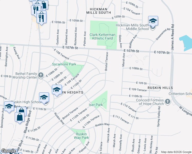 map of restaurants, bars, coffee shops, grocery stores, and more near 7805 East 111th Terrace in Kansas City
