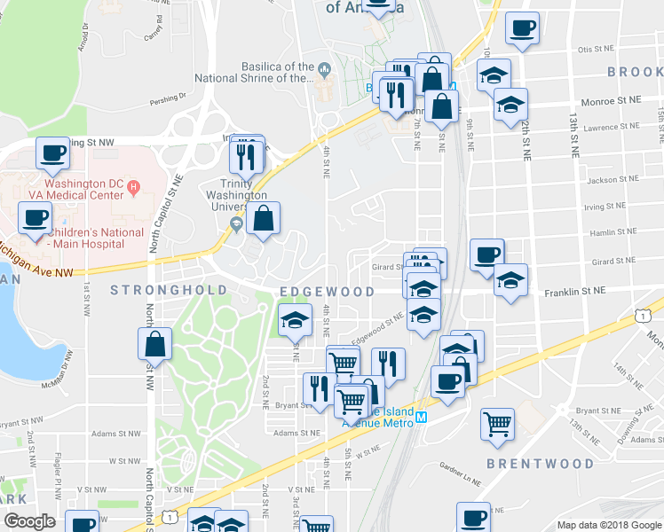 map of restaurants, bars, coffee shops, grocery stores, and more near 2833 4th Street Northeast in Washington