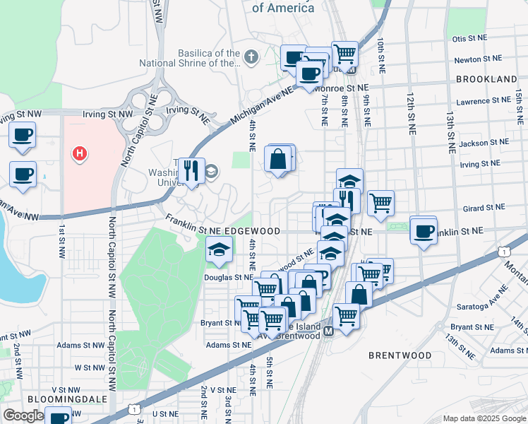map of restaurants, bars, coffee shops, grocery stores, and more near 2832 Chancellor's Way Northeast in Washington